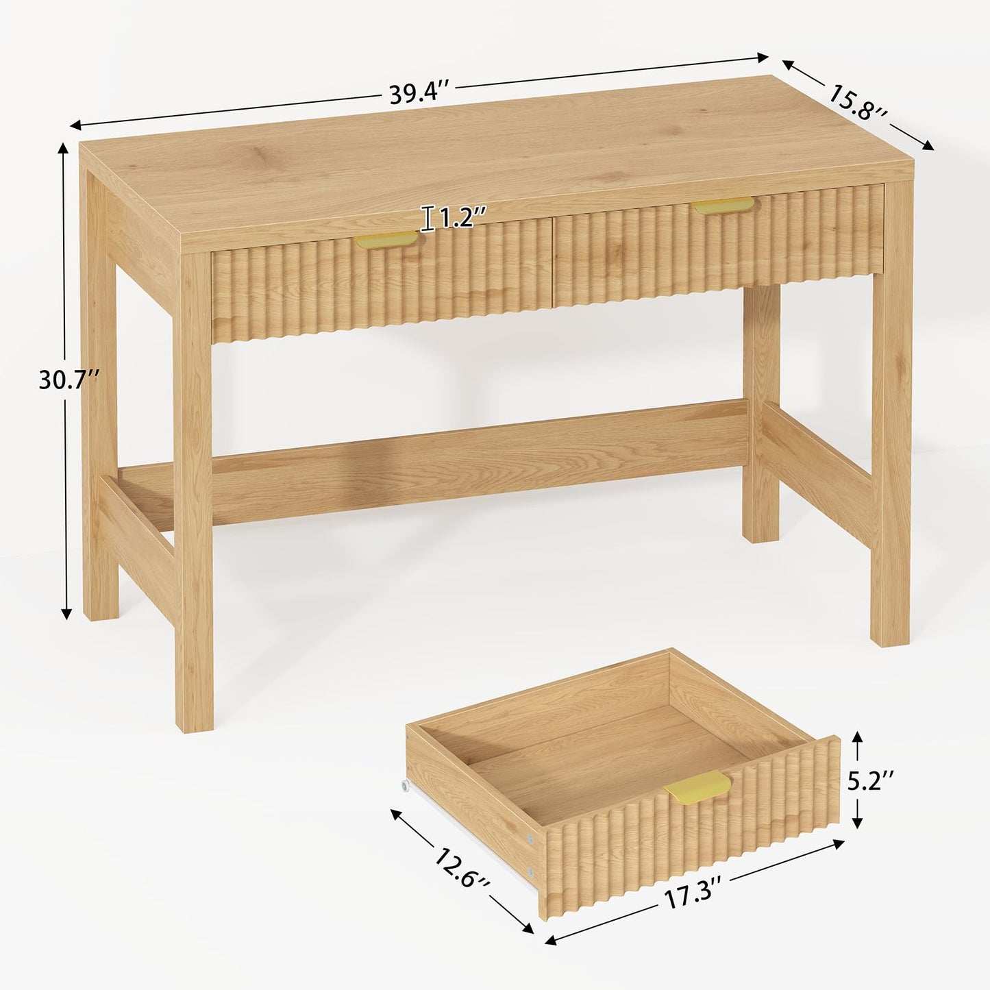 YOMILUVE Fluted Computer Desk with 2 Drawers, 39 Inch Small Computer Desk with Power Outlets, Compact Writing Study Desk for Small Spaces