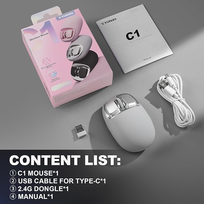 YUNZll C1 Silicone Wireless Mouse, Tri-Mode 2.4G/USB-C/Bluetooth Mouse, 4800 DPl Optical Tracking, 6 Adjustment Levels,Customize Mice for Laptop, Computer, iPad, MacBook (Gray Silver)