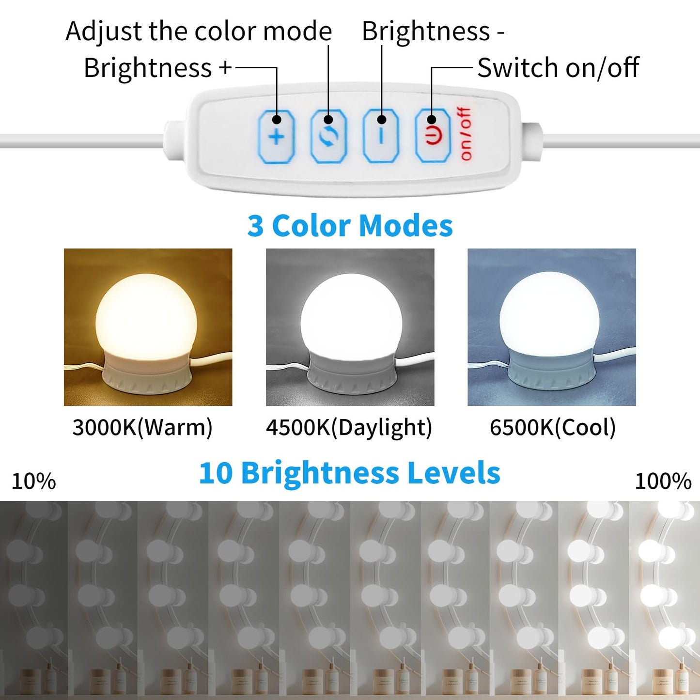 LED Vanity Mirror Lights with 14 Dimmable Bulbs, 3000K 4500K 6500K & 10 Brightness Levels Adjustable, Plug in USB Cable, Hollywood Style Stick On Mirror Lights for Makeup Desk Bathroom Dressing Room