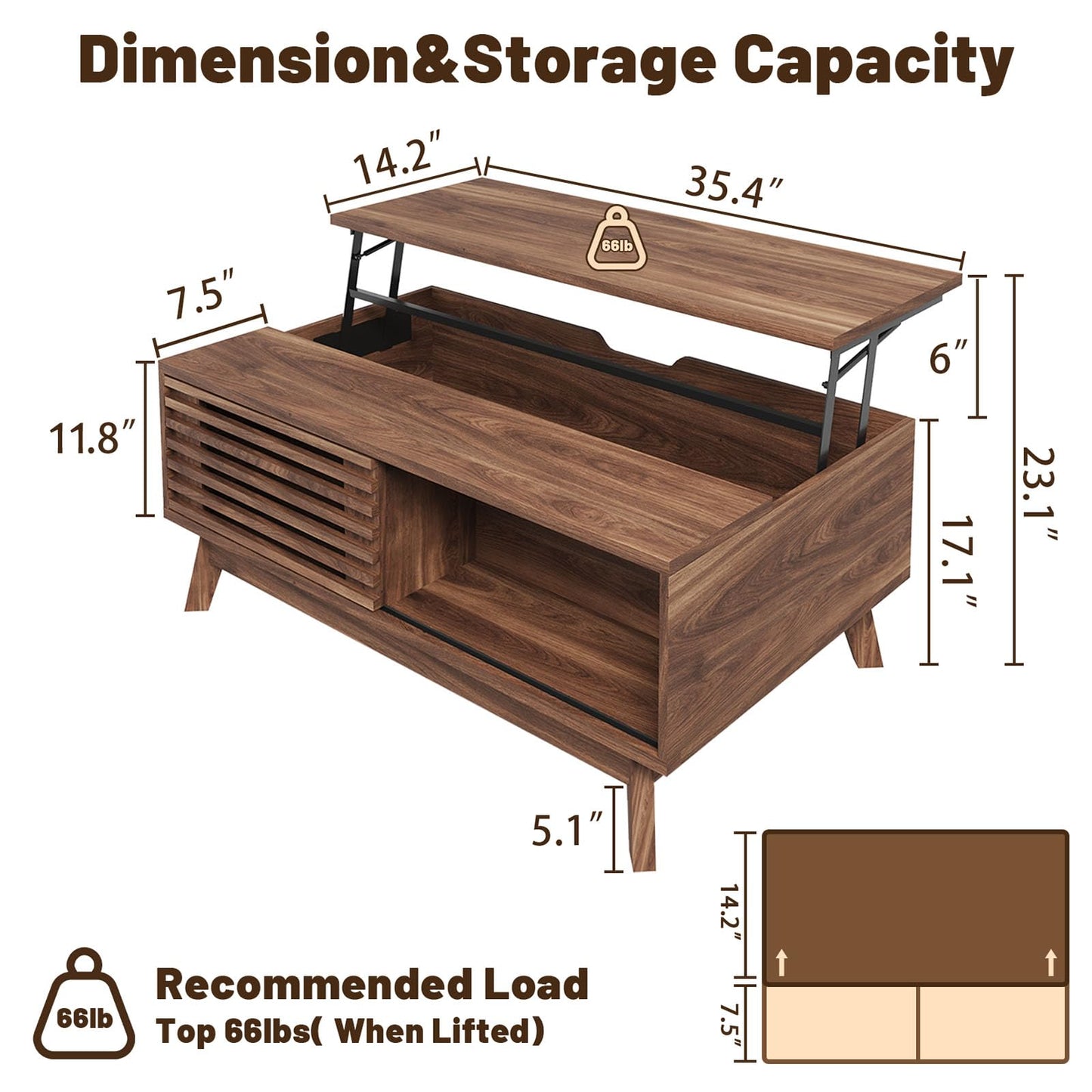 HAIOOU Lift Top Coffee Table, Mid Century Modern Coffee Table with Storage for Living Room, Walnut Coffee Tables with Sliding Fence Door, 35.4'' Rectangular Fluted Center Table (Brown)