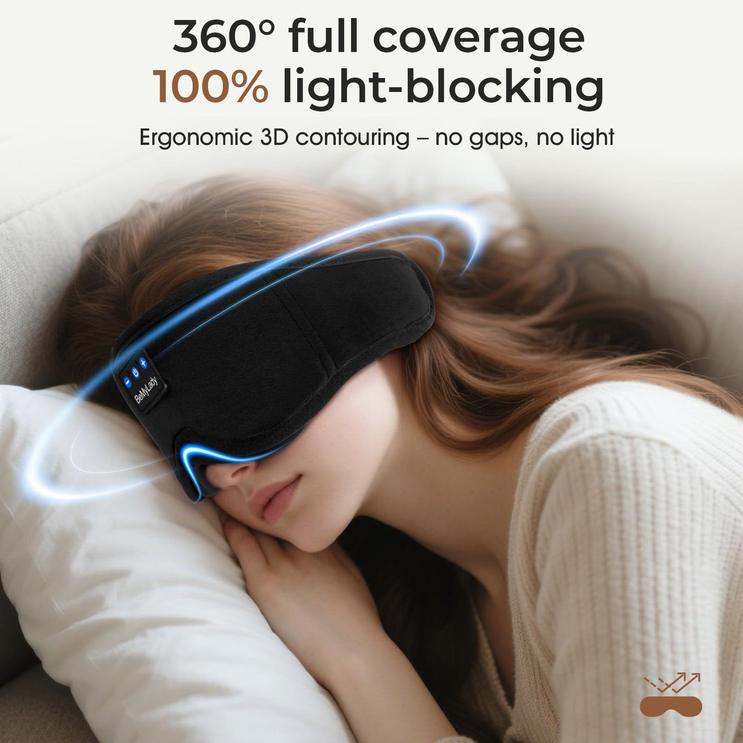 BeMyLady Sleep mask Headphones,100% Blackout 3D Zero Eye Pressure Bluetooth Sleep mask Breathable Eye mask with Bluetooth Headphones Sleep Headphones for Side Sleepers 14H Playtime&Bluetooth 5.4 Black