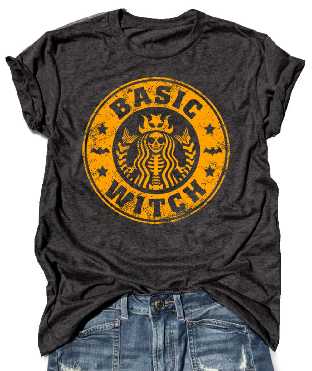 Basic Witch Halloween T Shirt Women Vintage Graphic Coffee Tees Shirt Short Sleeve Casual Funny Halloween Party Shirts (S, Black-Grey)