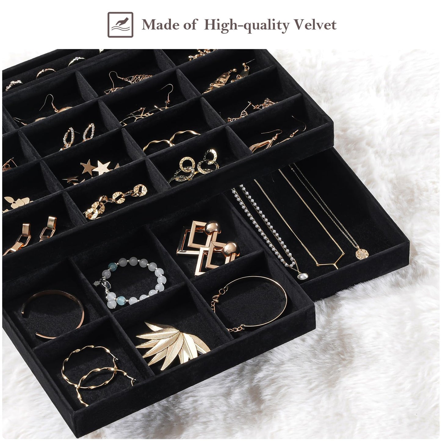 ProCase Stackable Large Jewelry Drawer Organizer, 3 Pack Velvet Jewelry Organizer Tray with Removable Dividers for Earring Neckl