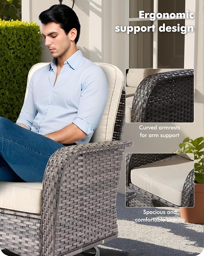 8-Piece Wicker Patio Furniture Set, All-Weather Rattan Conversation Bistro Loveseat Chair and Patio Rockers Set for Backyard, Balcony and Deck with Soft Cushions and Metal Table(Beige)