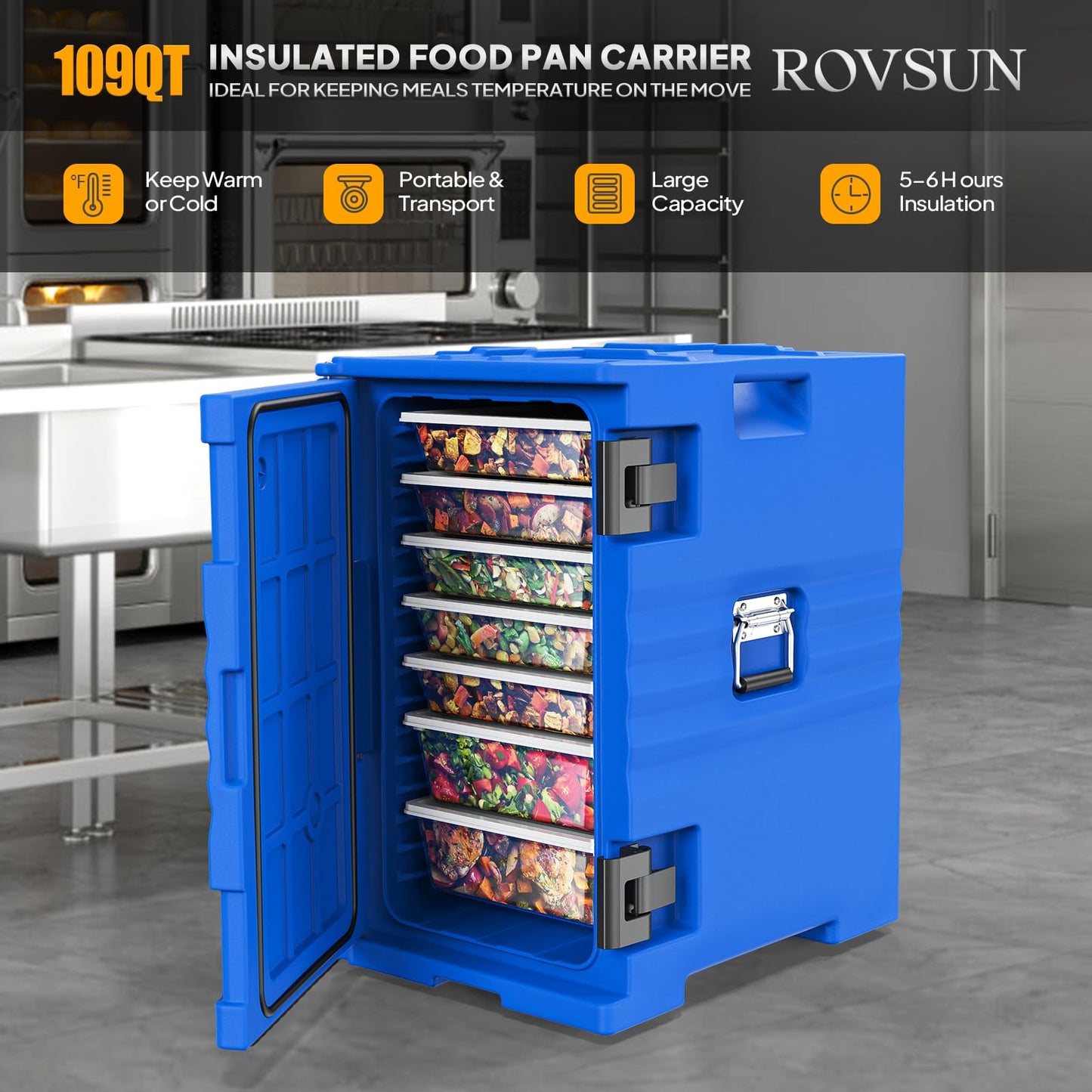 ROVSUN 109 QT Insulated Food Pan Carrier, Hot Box Food Warmer w/Wheels Double Buckles and Handles, Stackable Hot Boxes for Catering Restaurant Canteen Family Party