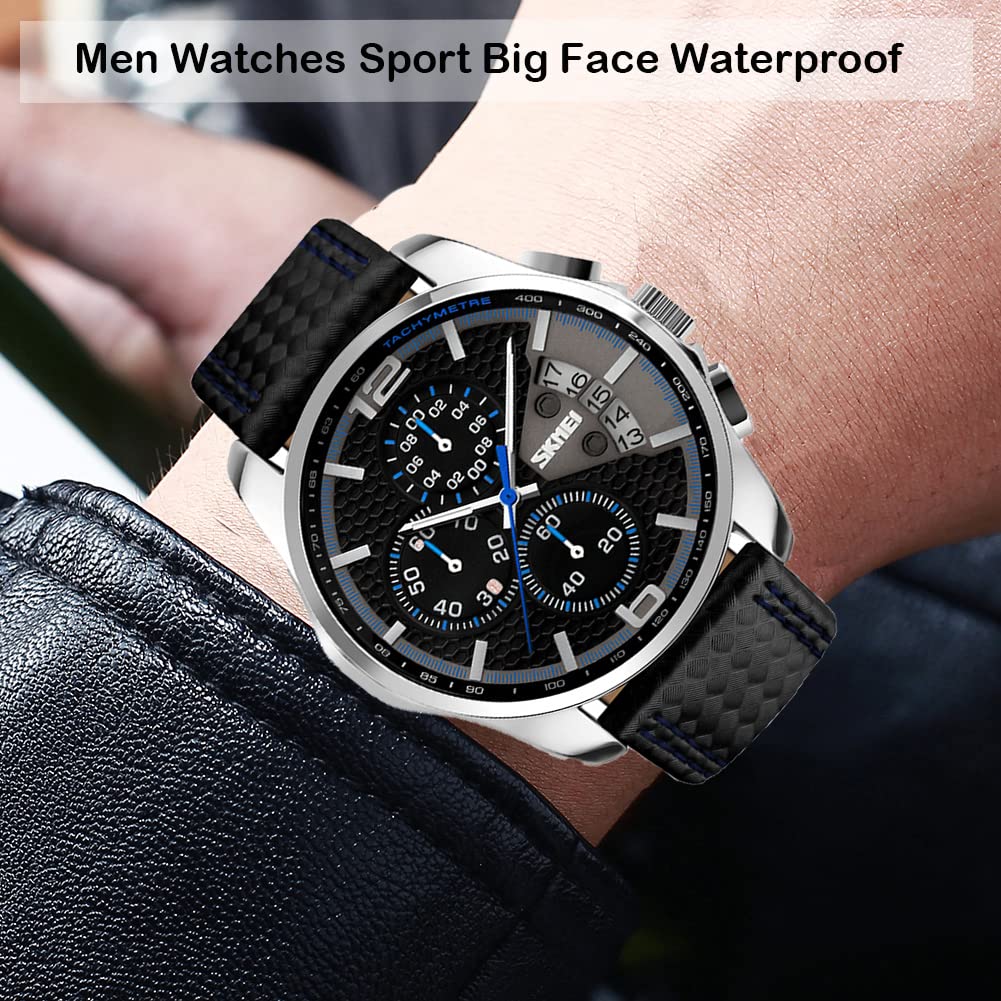 SKMEI Men Watches Black Leather Band Sports Large Big Face Luxury Waterproof Luminous Fashion Dress Casual Analog Quartz Chronograph Father Gifts Wrist Watch