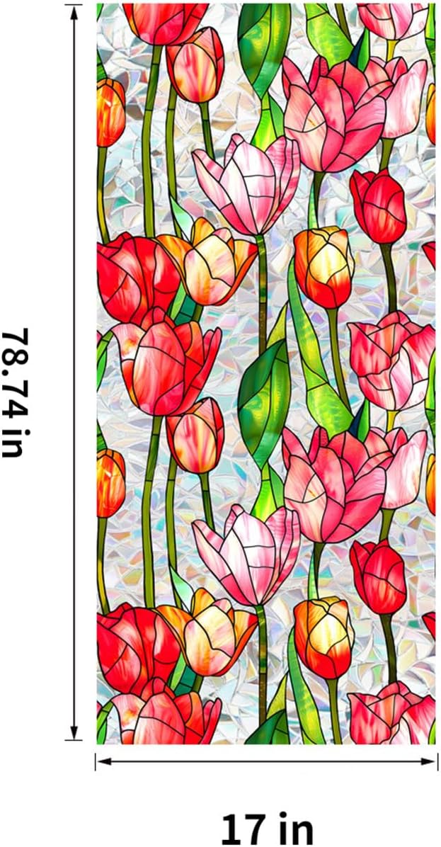 Stained Glass Window Film UV Resistant Window Privacy Film Red Floral Privacy Rainbow Decals Living Room Bedroom Sun Blocking Decor Removable Static Cling Stickers 17 x 78.74 Inch
