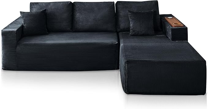 Modular Sectional Sofa Cloud Couch with Multi-Functional Armrests, Boneless Plush L-Shape Living Room Couch with Deep Seat, Fluffy Comfy Sleeper Sofa Easy Assembly (Black, Left Chaise)