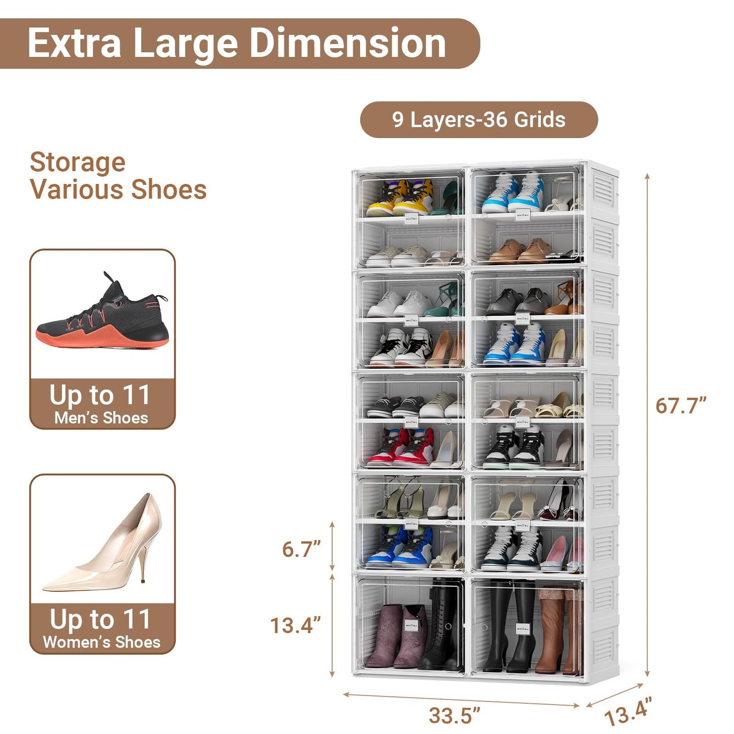 BROVIEW 9 Tiers 36 Pairs Heavy Duty Shoe Storage and Organizer, Hard Plastic Stackable Shoe Box, Shoe Cabinet storage for Entryway, Large Shoe Storage Bins, Folding Shoe Rack with Magnetic Door
