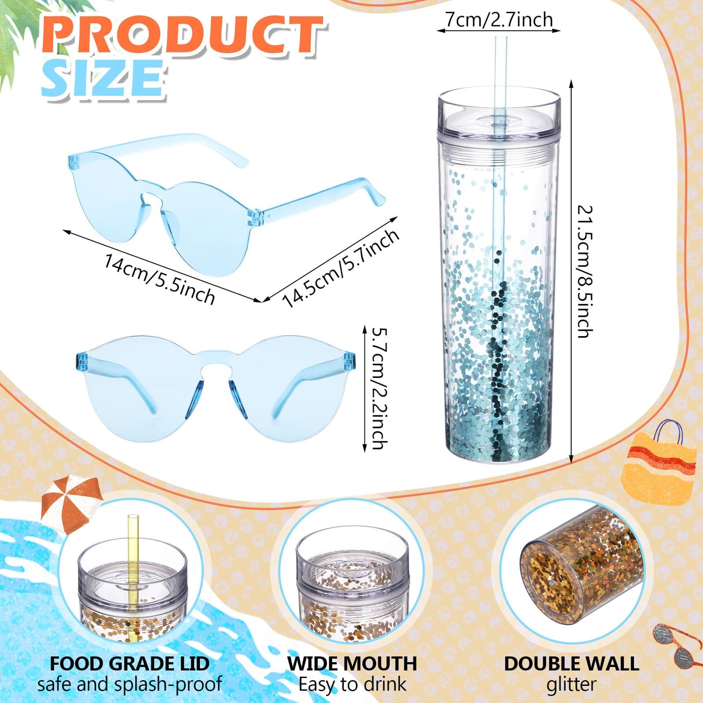 Reallnaive 16 Pcs 16 oz Plastic Snow Globe Tumbler and Neon Sunglasses Set Double Wall Skinny Tumblers with Lid and Straw Glitter Snow Globe Cup for Summer Travel Home Drink Birthday Party Gifts