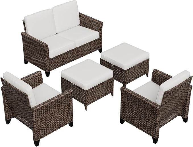 COOS BAY Harbor Retreat 5 Piece Outdoor Furniture Set, Patio Conversation Set with Patio Chairs, 2 Seat Loveseat and Ottomans, Wicker Furniture, Brown/Beige