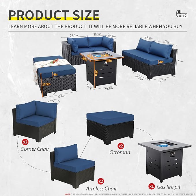 Lviden 7 Pieces Outdoor PE Wicker Furniture Set Patio Rattan Sectional Conversation Sofa Set with Navy Blue Cushions and Fire Pit Table