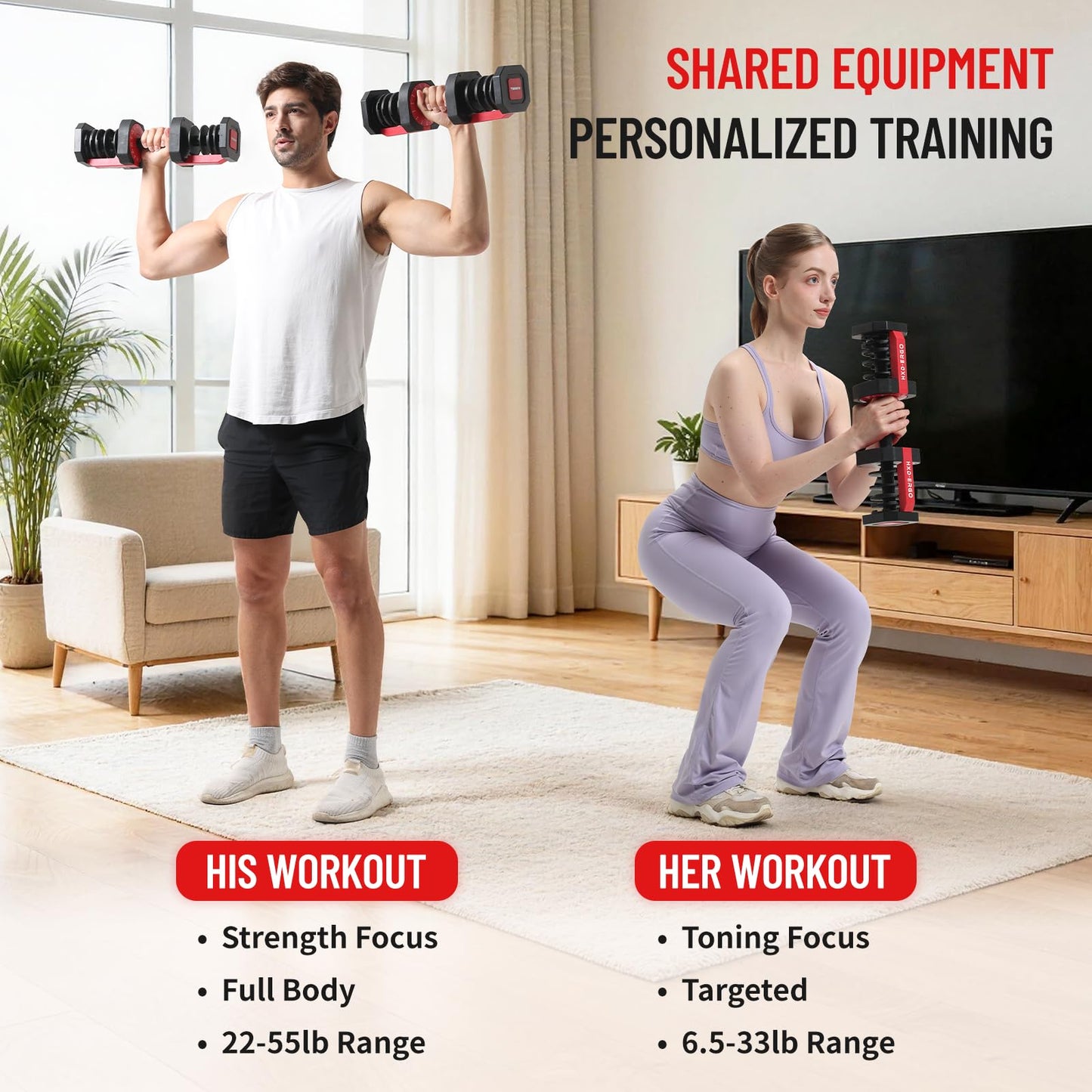 HXD-ERGO 15 IN 1 Adjustable Dumbbell Set/Single, 1-Second Quick Change Weights, 55/110 LBS Free Weights Adjustable Dumbbell with Anti-Slip Grip & Secure Lock, Space-Saving Home Gym Equipment for Men/Women Full Body Workout (Pair, 110LBS)