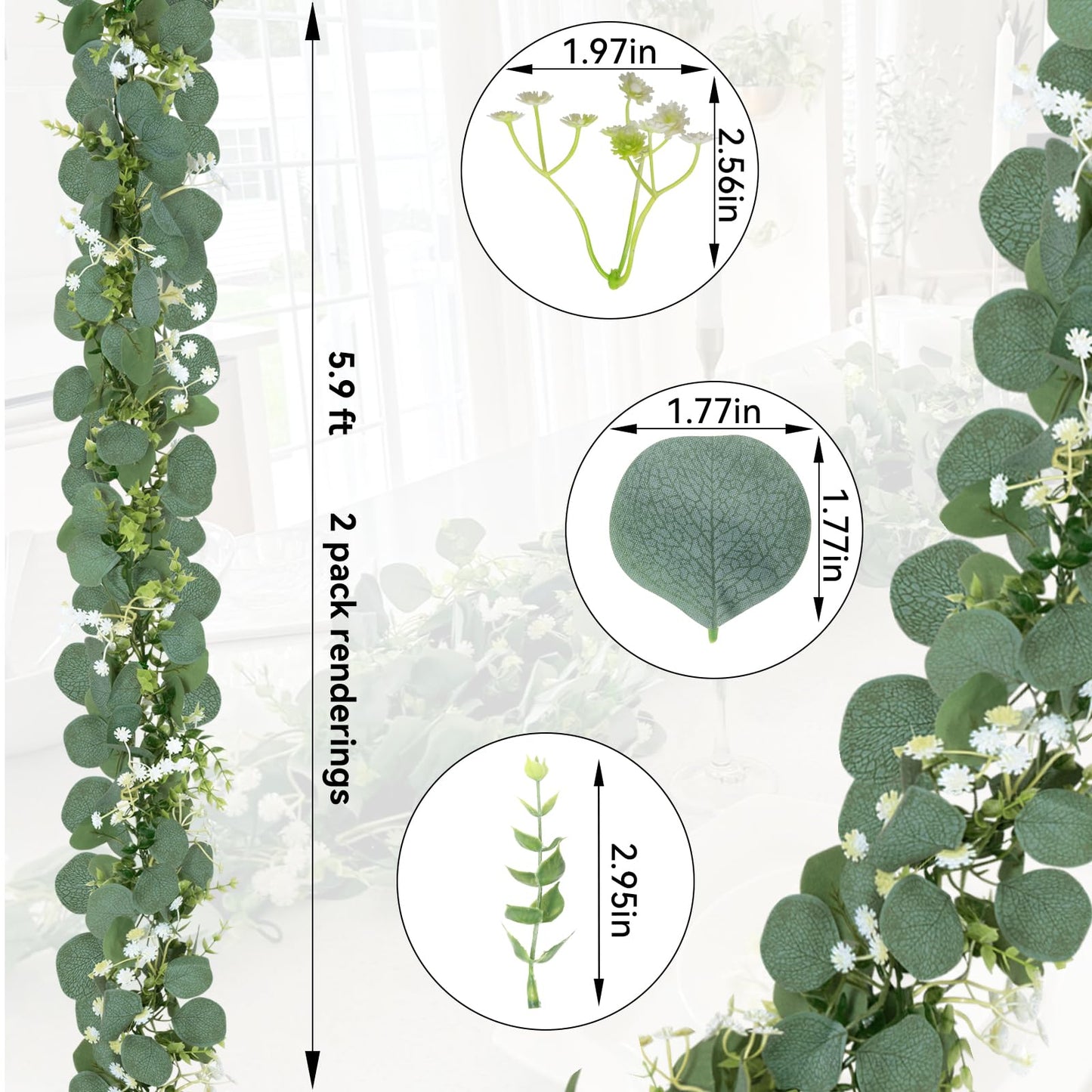 CQURE 4 Pack 5.9Ft Eucalyptus Garland,Artificial Eucalyptus Flowers Leaves Table Greenery Garland Wreath Vines for Wedding Party Table Fireplace Bedroom Wall Room Decor