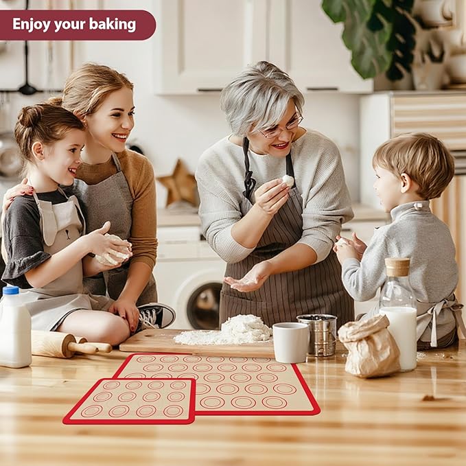 Macaron Silicone Baking Mats, 3 PCS Non Stick Macaroon Mat Silicone for Macarons, Cookie, Pastry, Red