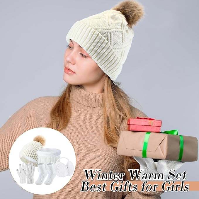 SATINIOR 5 Pcs Winter Hat Scarf Gloves Set Fleece Warm Lined Knit Beanie Hat Touch Screen Earmuff Gloves Warmer for Women(White,Stylish Style)