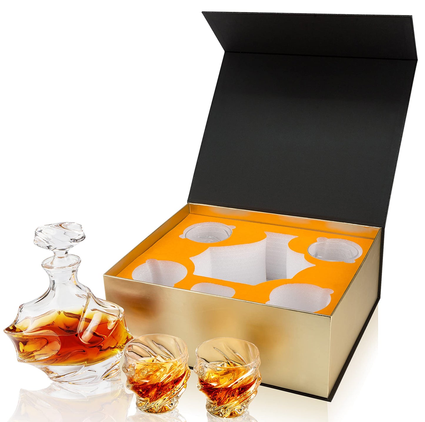 KANARS Whiskey Decanter Set - 25 Oz Crystal Liquor Decanter Carafe with 4 Rock Glasses 9 Oz For Bourbon, Scotch, Vodka, Rum or Whisky - Gift for Men Dad Husband Brother Adult Groomsmen - 5 Piece