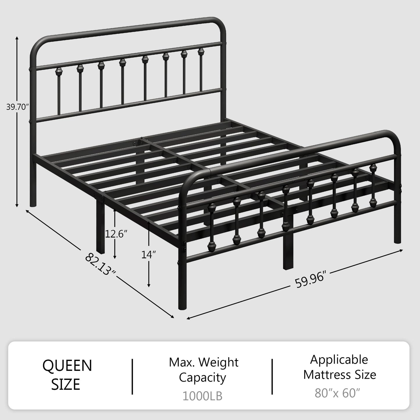 zunatu Queen Size Metal Platform Bed Frame/Victorian Style Headboard and Footboard/Steel Slat Support/Easy Assembly/No Box Spring Needed/Underbed Storage/Noise Free/Black