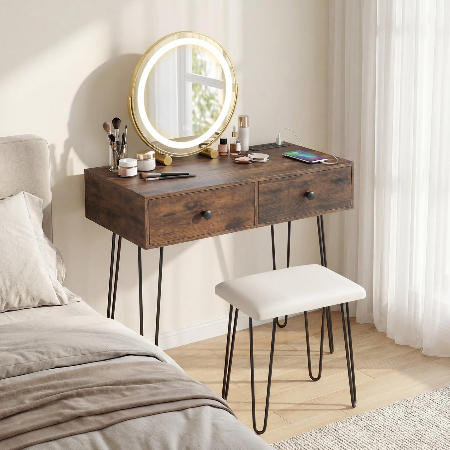 CHARMAID Vanity Desk with LED Lighted Mirror & Charging Station, 2 Drawers, 3 Color Lighting, Metal Legs, Makeup Vanity Table with Stool for Bedroom, Rustic Brown & Black