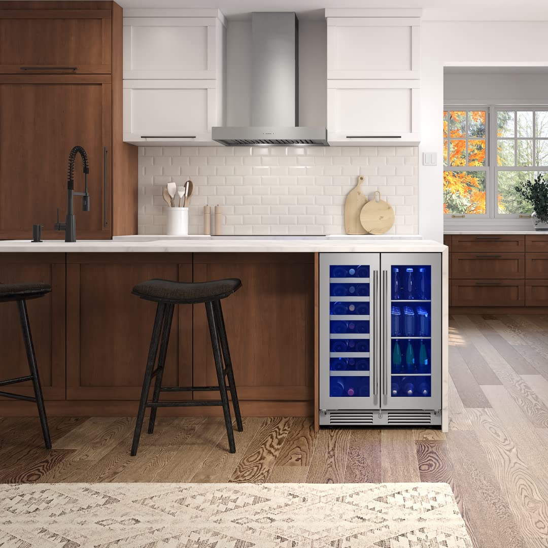 Zephyr Presrv 24 Inch Wine Fridge & Beverage Refrigerator Dual Zone Under Counter - Wine Cooler Cellars Small Beer Fridge Cabinet Drink Chiller Freestanding with French Glass Door 21 Bottles, 64 Cans