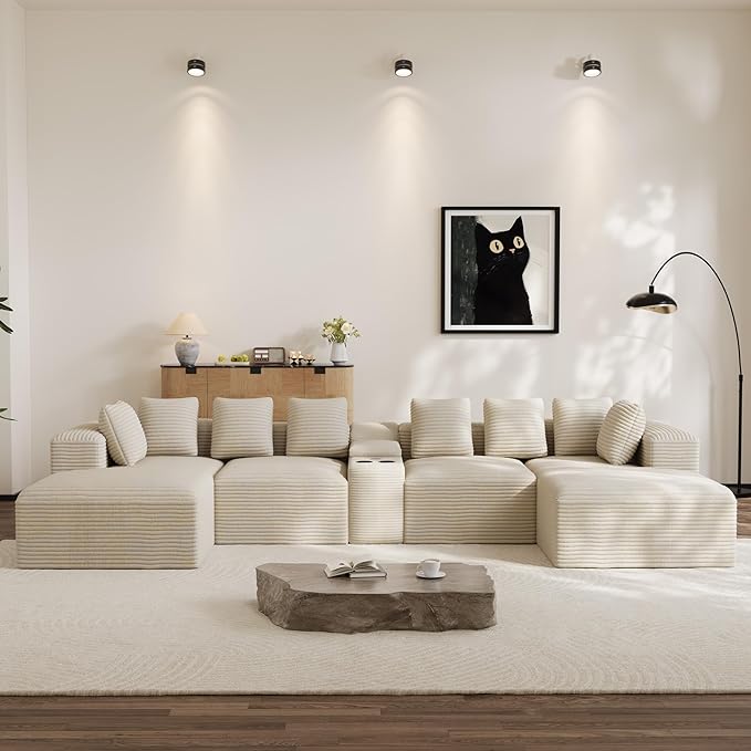 Modular Sectional Sofa with USB Cup Holders Storage, 143" U Shaped Cloud Couch Plush Corduroy Deep Seat Boneless Sofas with Double Chaise Lounge Memory Foam Couches for Living Room - Beige White