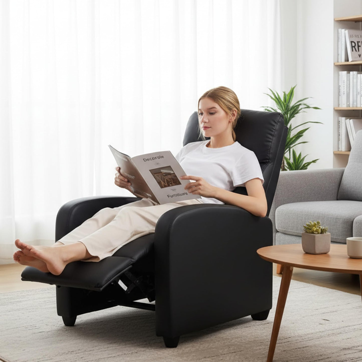 Simple Deluxe Recliner Chair - Adjustable Push Back PU Leather Recliner, Plush Reading Chair & Luxe Sofa Chair for Living Room Chairs or Bedroom Chair, Single Recliner for Home Theater