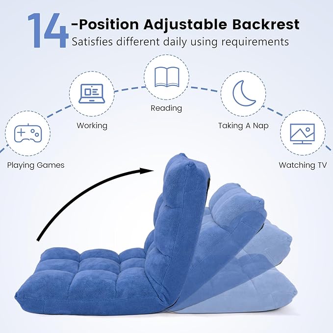 MAT EXPERT 14-Position Floor Chair, Floor Gaming Chair w/Soft Coral Fleece, Alloy Steel Frame, Padded Lazy Couch Recliner, Floor Chair with Back Support for Reading, Meditating (Blue)
