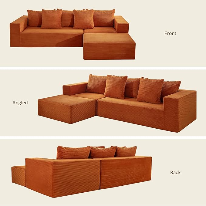 INGEROOM 108" Cloud Sectional Couch with Deep Seat, Modular Sofa Memory Foam, Boneless Sofa with Movable Ottoman, Upholstered Couches for Living Room Bedroom, No Assembly Required, Orange