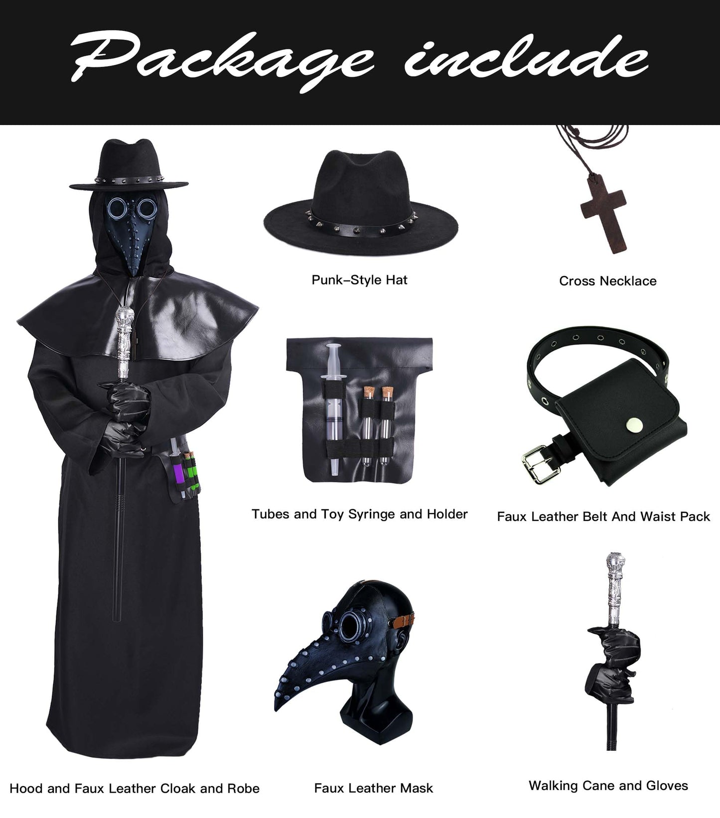 Vezadina Plague Doctor Renaissance Medieval Priest Halloween Cosplay Costume with Hat, Mask, Robe, Gloves, and Cane (XX-Large)