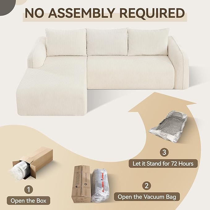 UMBFUN 103" Cloud Sectional Couch for Living Room, Boneless Couch with L-Shape Chaise, Modular Sectional Sofa with Deep Seat, Oversized Modular Sofa for Bedroom, No Assembly Required, Corduroy