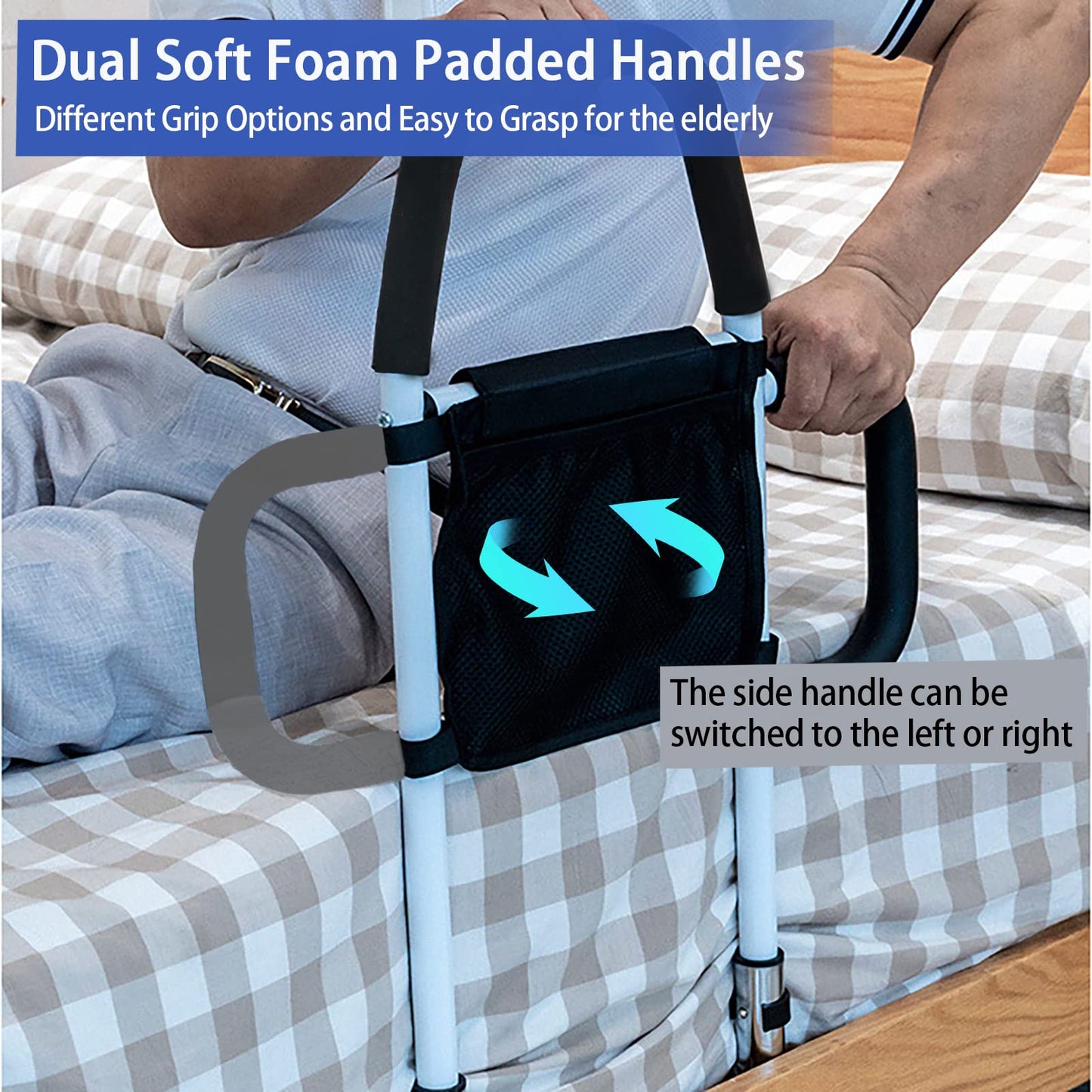 LEACHOI Bed Rails for Elderly Adults - Bed Assist Rail with Dual Grab Handles for Easily Getting in & Out of Bed, Bed Rail with Storage Pocket, fits King, Queen, Full, Twin, 300lbs