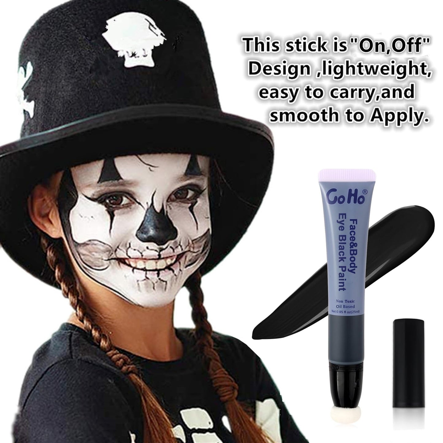 Go Ho Black Face Paint,Easy-to-Use Oil Based Eye Black Stick,Waterproof Face Body Paint for Halloween Cosplay Zombie Skeleton Cl