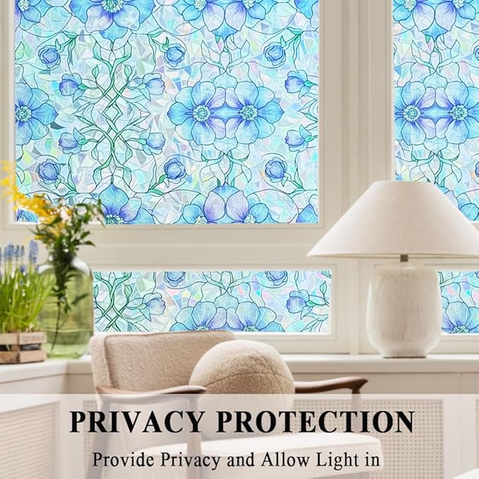 Etched Window Privacy Film Blue Purple Floral Sliding Glass Door Tint No Glue Static Cling Decals 3D Rainbow Decorative Covers Iridescent Anti UV Removal DIY Home Office,35X78.7in.