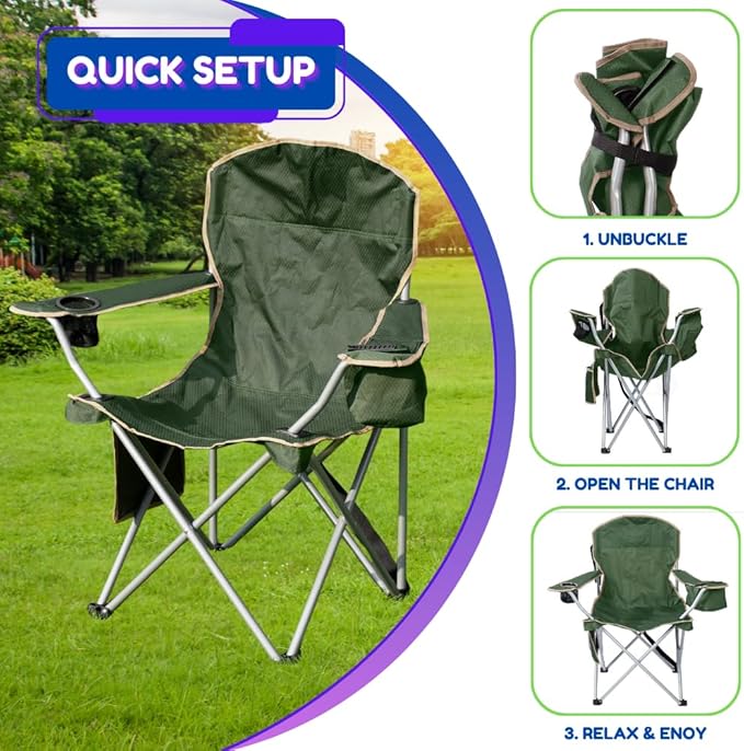 EZONE 2-Pack Camping Chairs with Built-in Ice Cooler, Portable Chair, Storage Pocket, Cup Holder, and Carry Bag Perfect for Camping, Tailgating, Fishing, Beach, and Lawn (2, Olive Green)