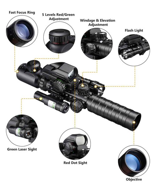 MidTen 3-9x32 5-in-1 Scope Combo with Dual Illuminated Rangefinder Reticle Scope, Laser Sight, Red Dot Sight, Flashlight with 20mm Mount, Green
