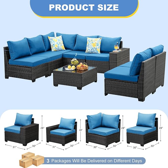 SunloungeCo Patio Furniture Set, 8 Pieces Outdoor Couch Sofa with Wider Armrests & Glass Coffee Table, Outdoor Sectional Furniture with Thick Cushions for Party, Poolside,Garden-Peacock