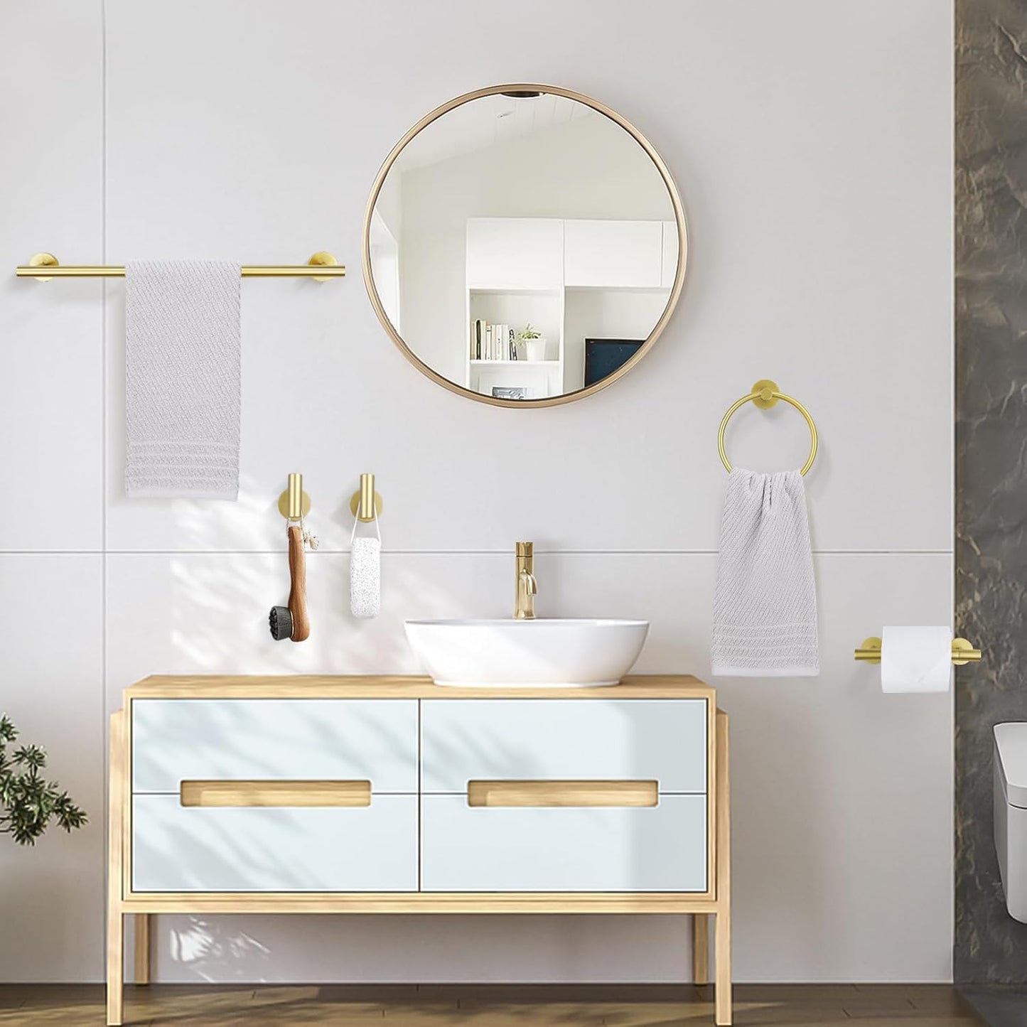 TURS Brushed Gold 5 Piece Bathroom Hardware Set, SUS304 Stainless Steel Bath Towel Bar Set, 23.6 Inch Round Bathroom Accessories Kit Wall Mounted