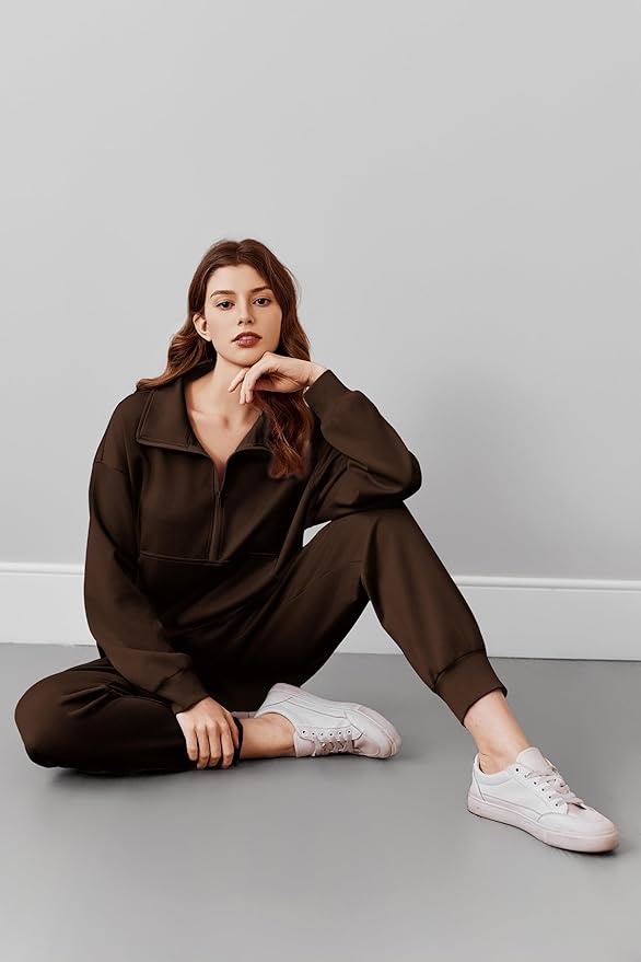 PINSPARK 2 Piece Sets for Women 2025 Fall Travel Outfits Long Sleeve Tracksuit Joggers Sets Half Zip Sweatsuit Matching Set