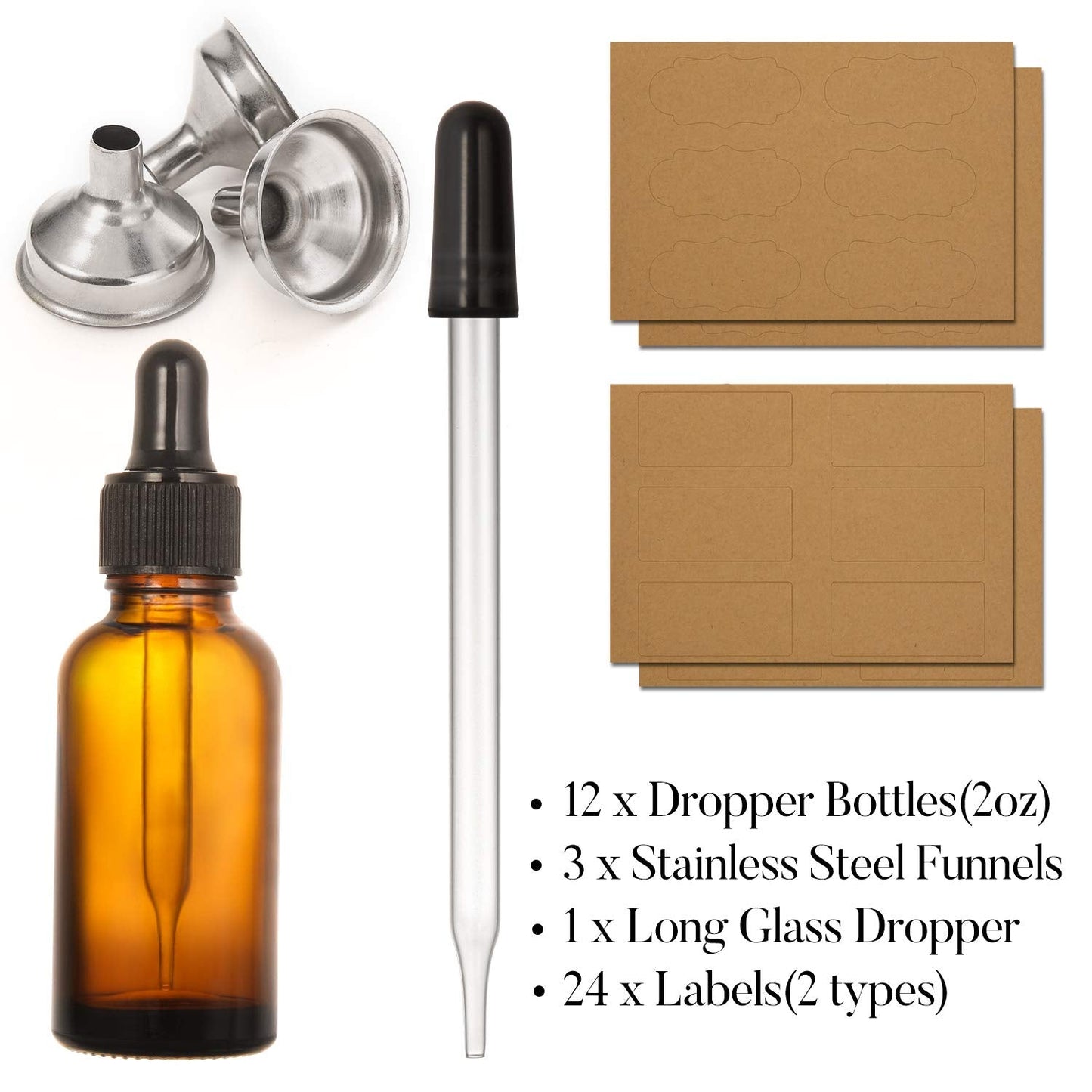 12 Pack, 2 oz Glass Dropper Bottle with 3 Stainless Steel Funnels & 1 Long Glass Dropper - 60ml Amber Tincture Bottles with Eye Droppers for Essential Oils, Liquids - Leakproof Travel Bottle