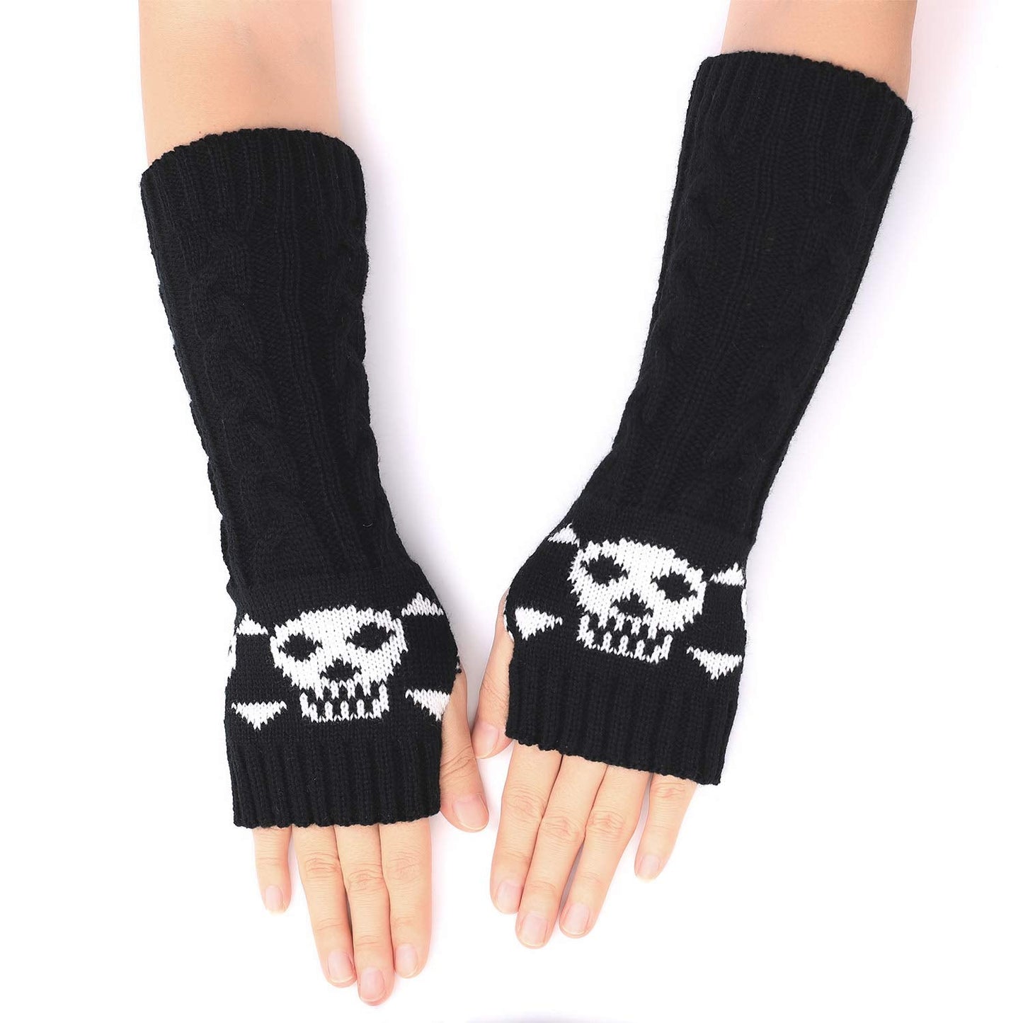 F Flammi Arm Warmers Goth Knitted Fingerless Gloves Punk Skull Hand Warmers for Cosplay Typing Driving
