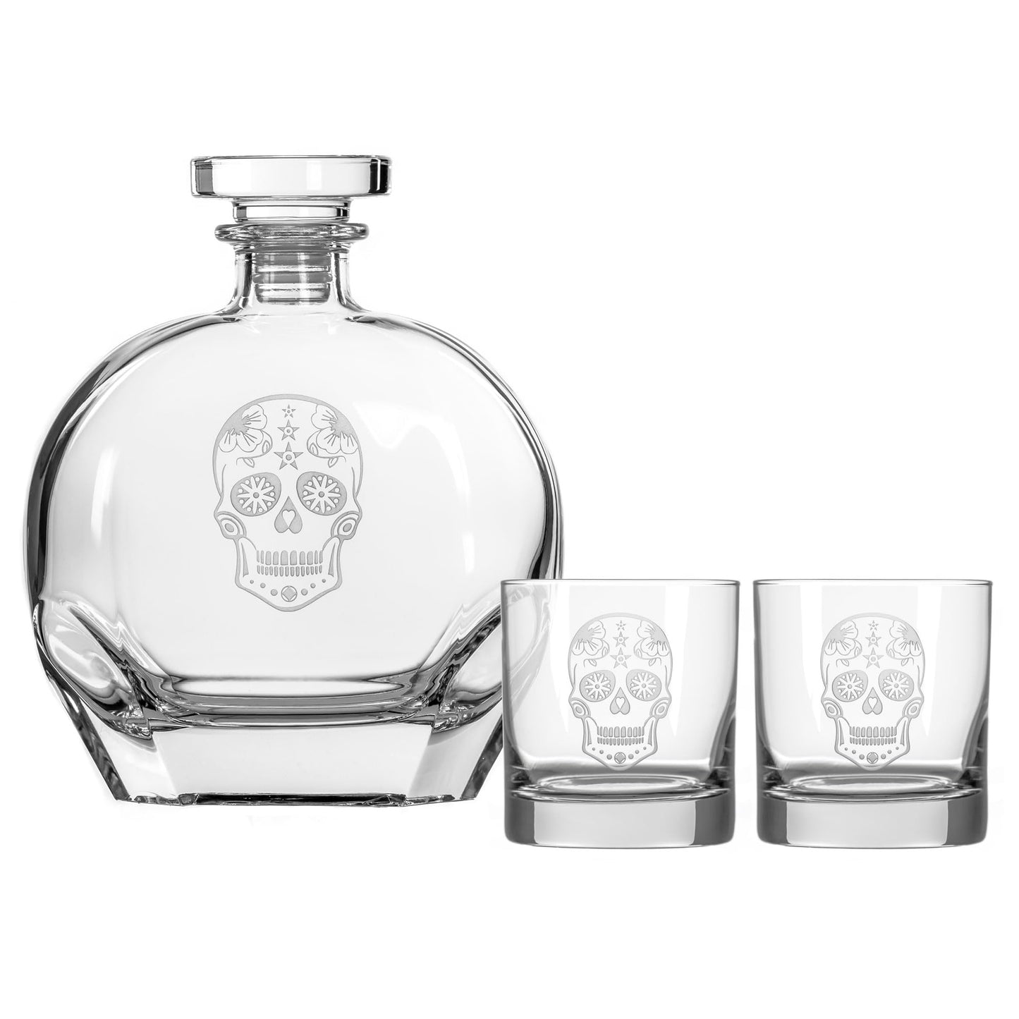 Rolf Glass Sugar Skull 3pc Whiskey Decanter Set with 2 On the Rocks Glasses | Lead-Free | Sand Engraved in the USA | Airtight Stopper to keep your Bourbon fresh
