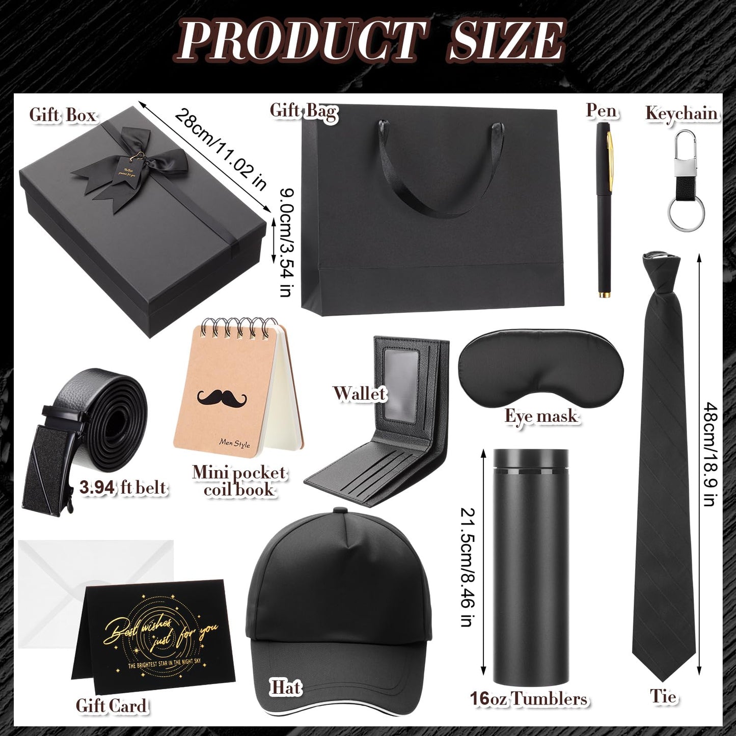 AmazingSpark 2 Pcs Birthdays Gift Baskets for Men Box 16 oz Tumbler Wallet Eye Mask PU Leather Belt Tie Keychain Pen Journal Hat Card Set for Dad Husband Brother(Bow Gift Box)