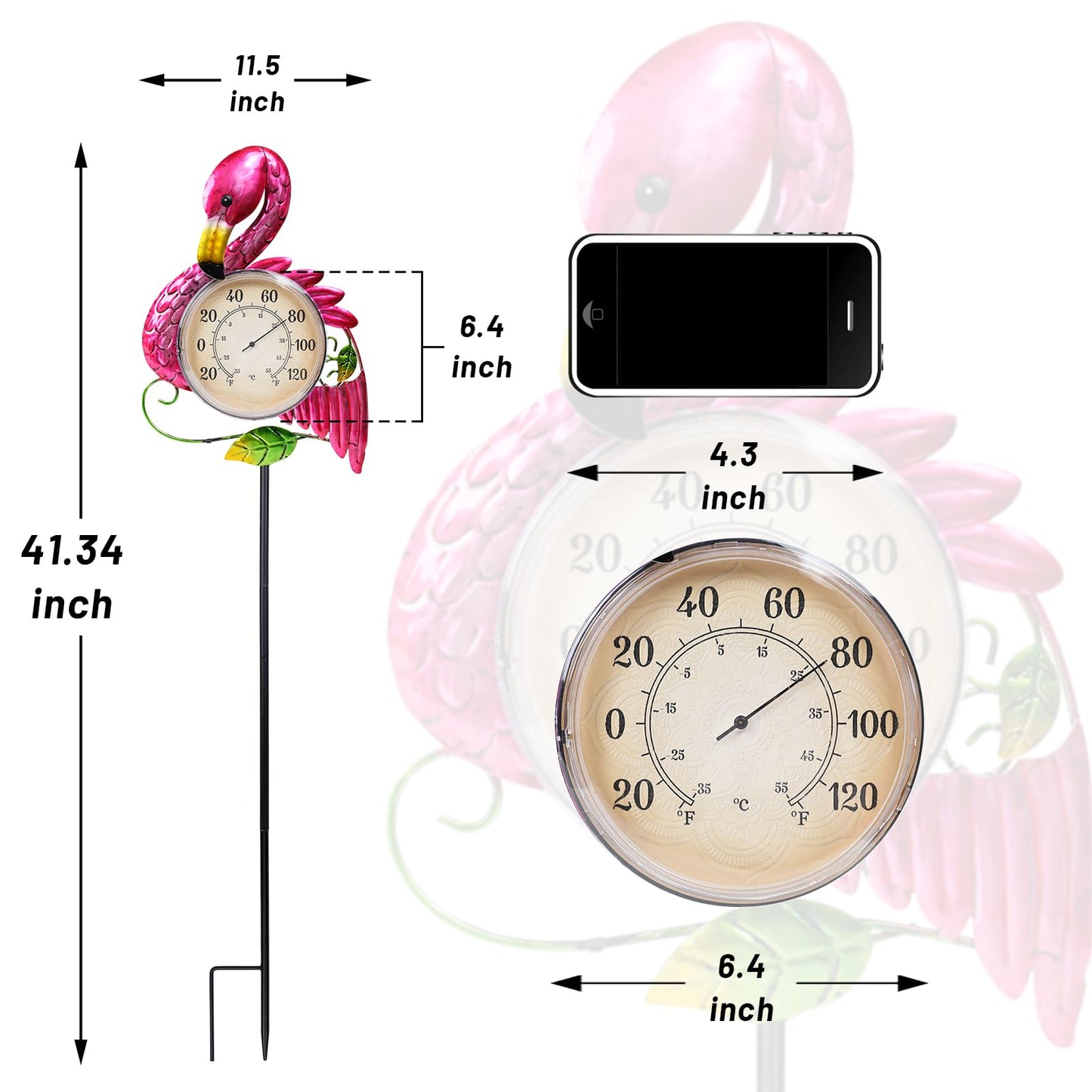 MUMTOP Outdoor Thermometer, 42 Inch Metal Flamingo Solar Lights with Stake for Patio, Yard and Garden