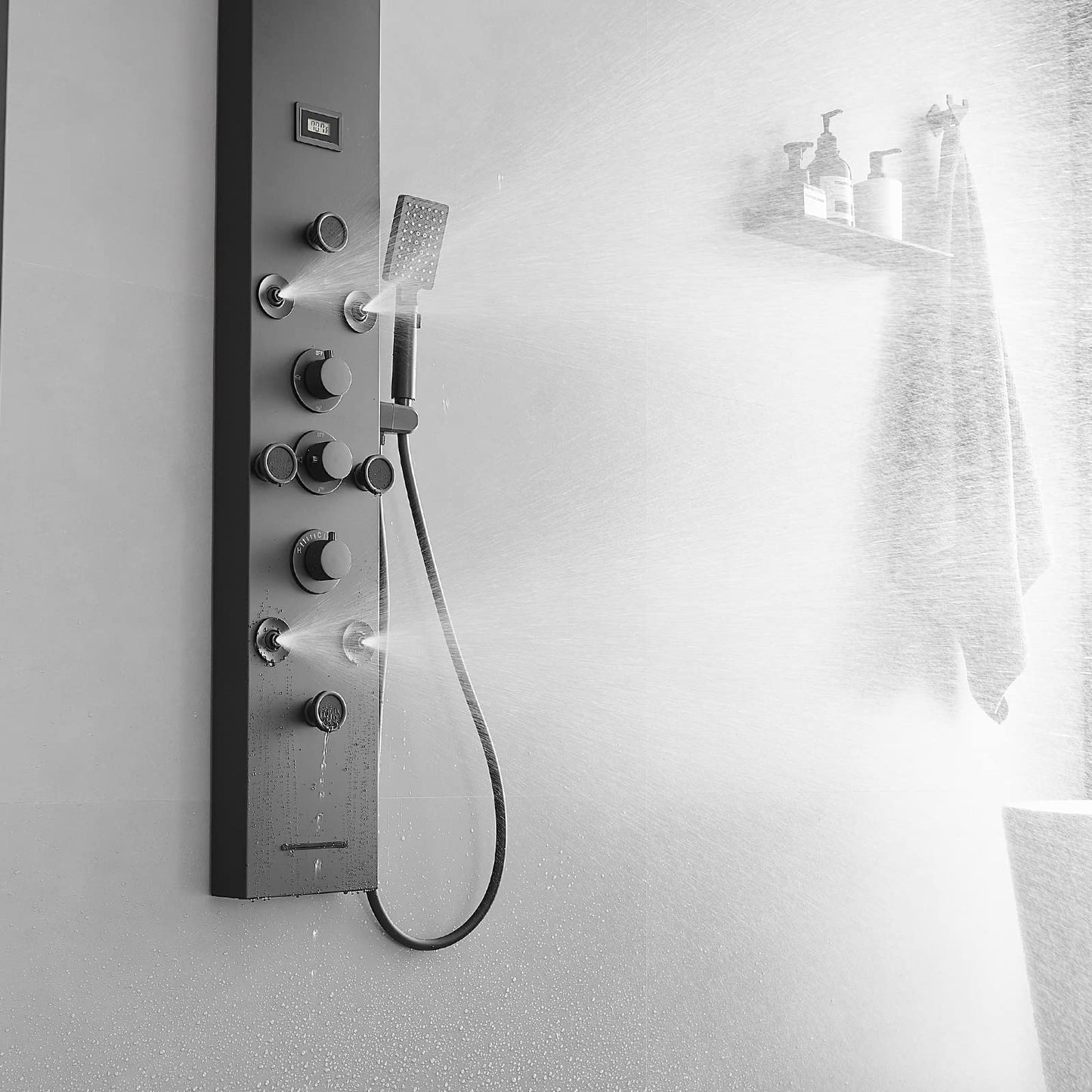 BWE Shower Panel Rainfall Waterfall with Handheld Shower Matte Black 6 IN 1 Stainless Steel Shower Tower Panel System Massage Body Jets with Tub Spout Water Temperature Display Wall Mount