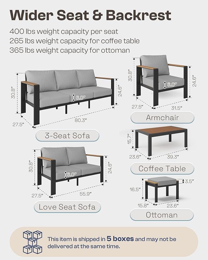 Oasbira Aluminum Outdoor Patio Furniture Set with Coffee Table, 7 Piece Patio Conversation Sets with Thick Cushion, Ottomans, Patio Sectional Furniture Set for Porch, Balcony, Deck, Yard, Gray