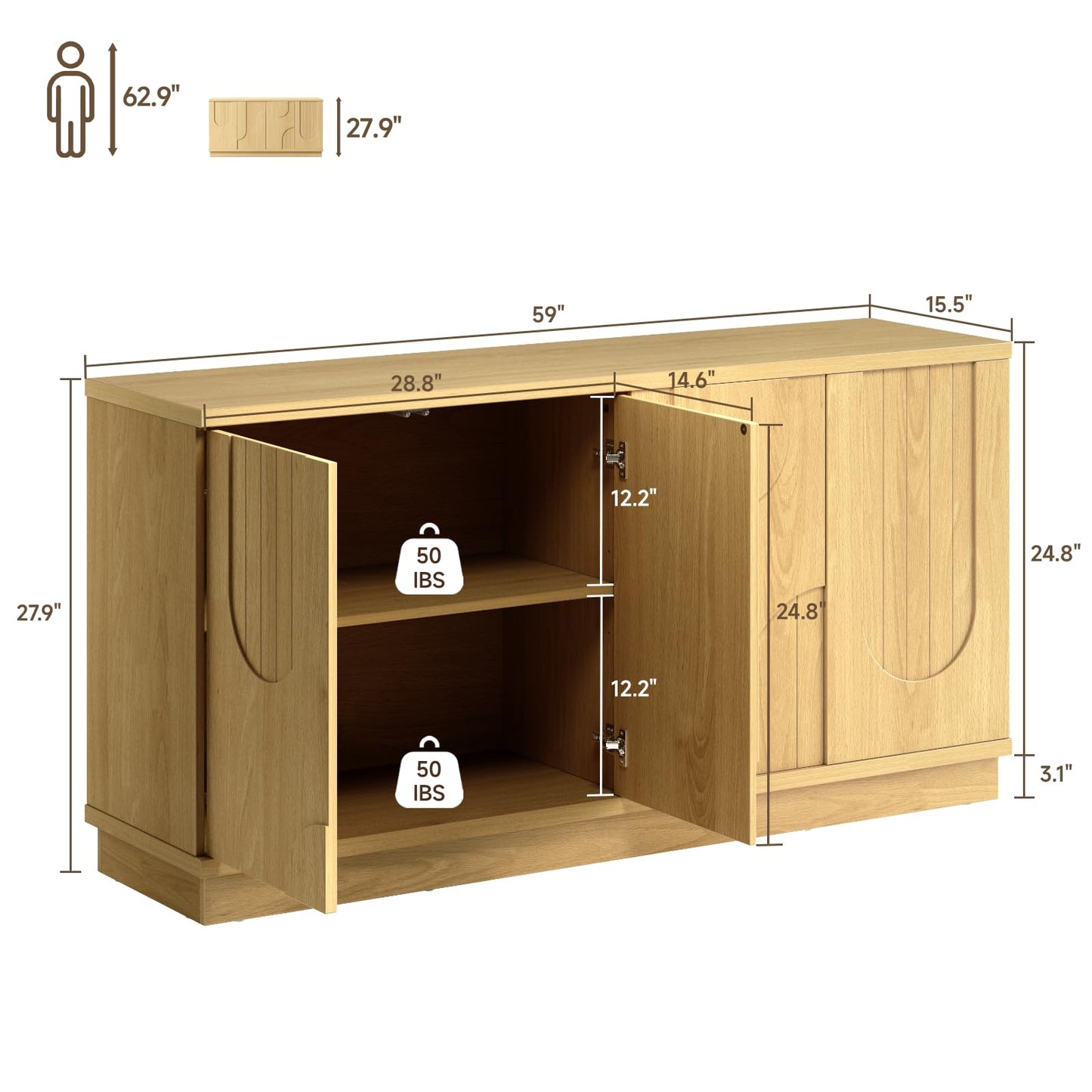 ONBRILL Modern 59" Sideboard Buffet Cabinet with Storage, Arched Finish Kitchen Storage Cabinet,Coffee Bar Console Table with 4 Doors and Adjustable Shelves for Living Room, Hallway, Natural