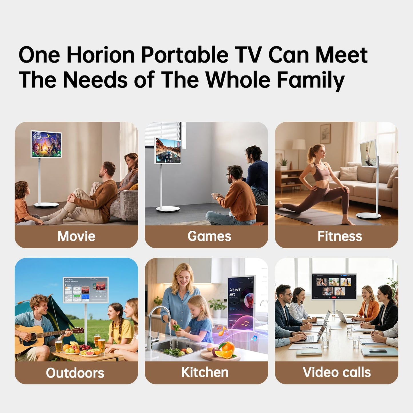HORION Smart Portable TV,27 Inch FHD Portable Touch Screen Monitor with 8MP Camera, 8GB+128GB, Android 14, Google EDLA-Certified,Built-in Speaker, Tilt/Height/Swivel/Pivot Stand,Built-in Battery