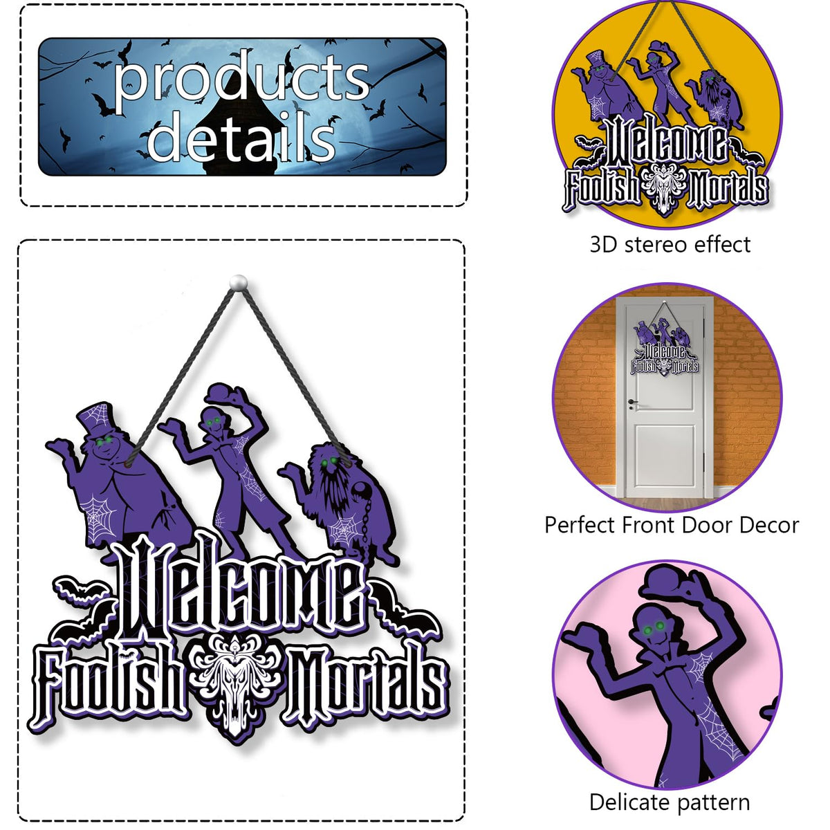 Halloween Welcome Foolish Mortals Wood Signs, Halloween Haunted House Decorations for Home Garden Door Hanging Printed Welcome Foolish Mortals Sign, Fun Haunted House Decor