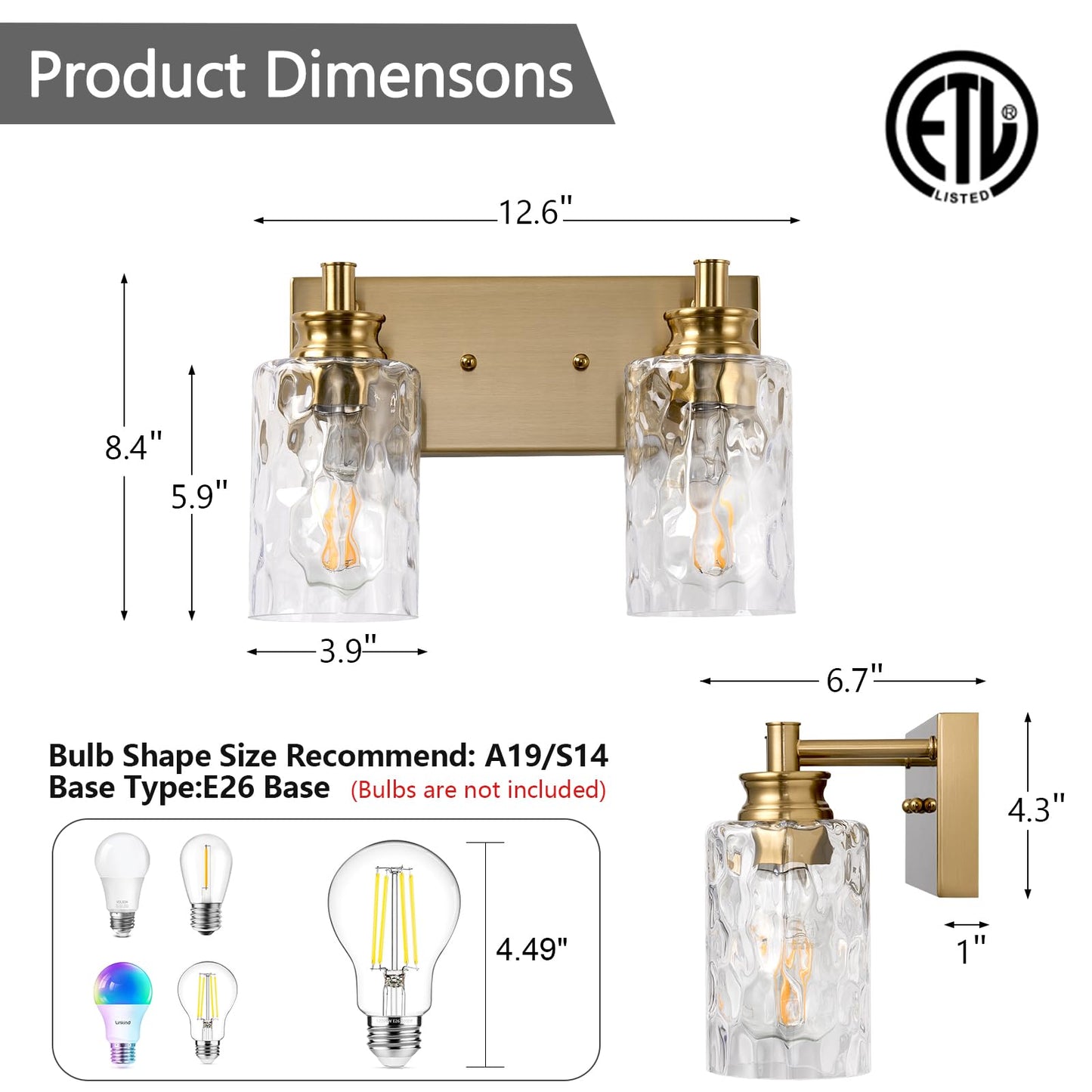 AMRUIPO 2 Light Bathroom Vanity Light Modern Brushed Gold Bathroom Light Fixtures Over Mirror with Hammered Glass Lampshade for Kitchen Hallway