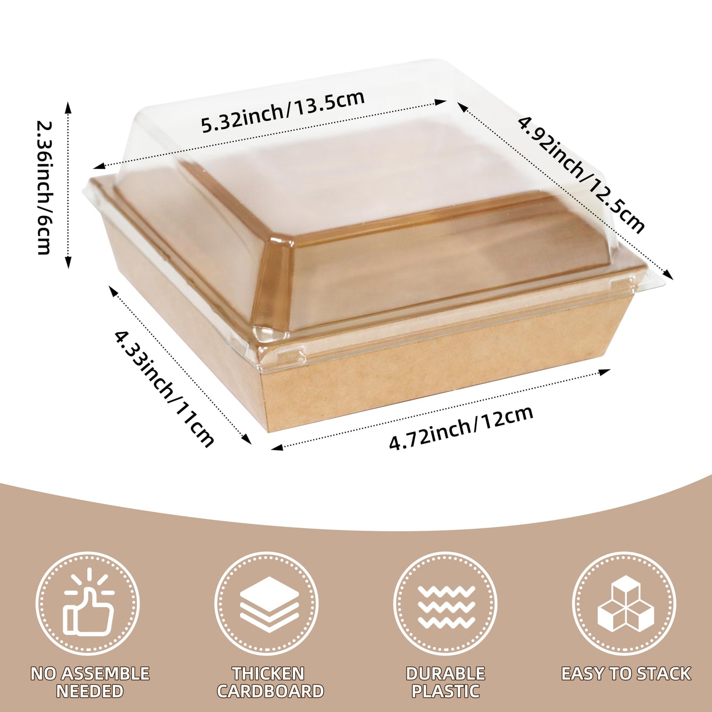 WIKDAY 50 Pack Charcuterie Boxes with Clear Lids, Small Dessert Bakery Boxes, Disposable To Go Food Containers for Cake Slice, Cookies, Sandwich, Brown